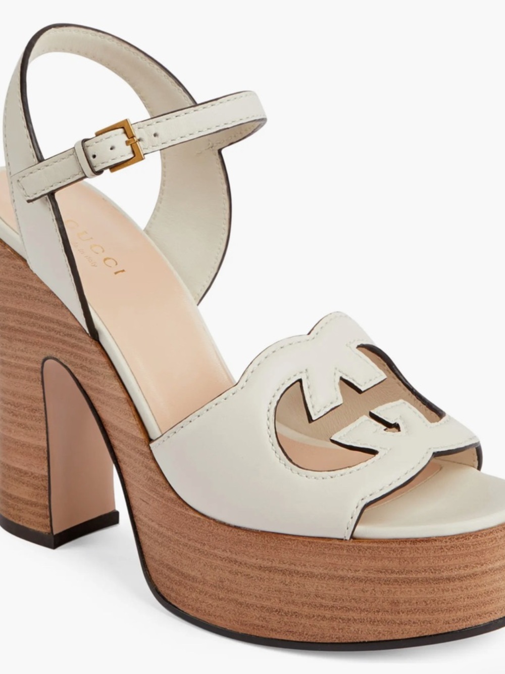 Gucci Cream Leather Platform Sandals with Wood-Effect Heel